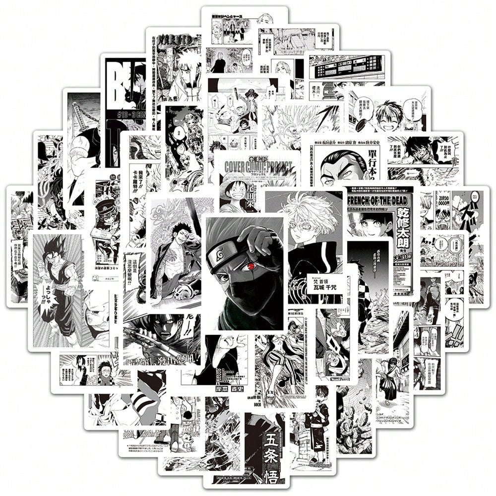 50PCS New Black and White Anime Poster Comics Graffiti Stickers Cartoon Jiu Jitsu Back To War Warcraft Hunter Skateboarding Cell Phone Laptop Decorative Popular Fine Toys Decals