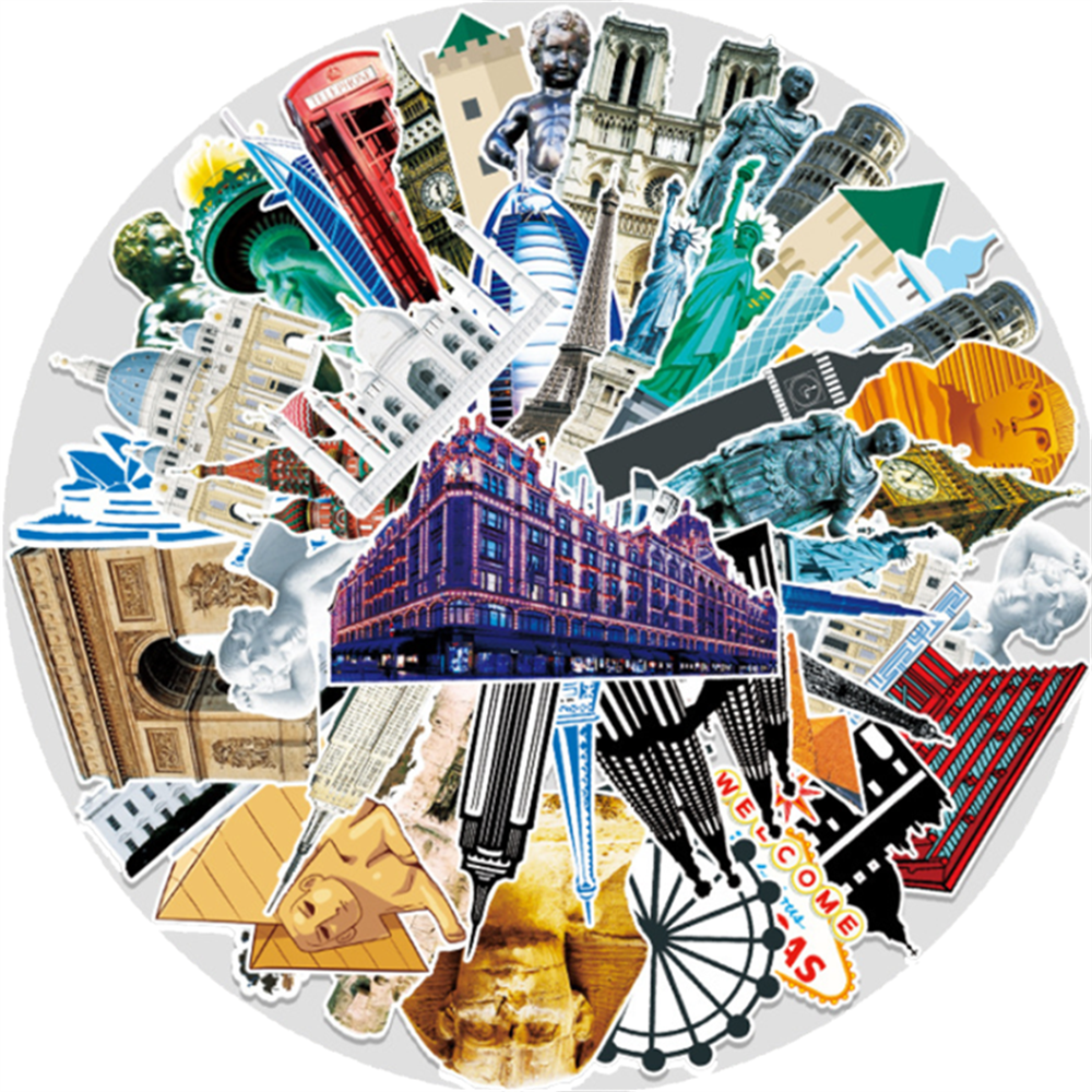 50PCS Art Illustration Popular Creative Fashion Landmark Building Decoration Style Graffiti Stickers Personality Fashion Creative Trend DIY Exquisite Decorative Decals for Cups, Helmets, Skateboards Popular Stickers Toys