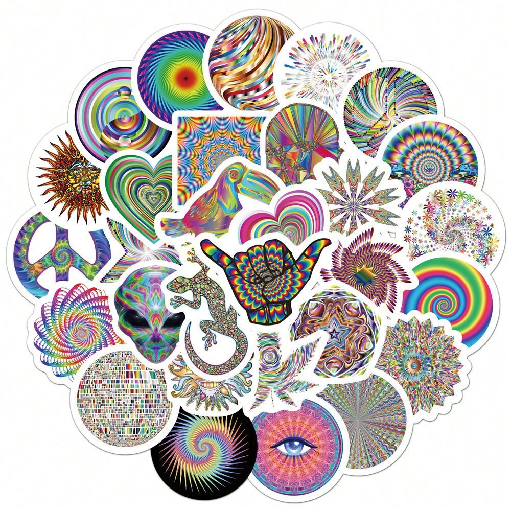 50PCS Art Illustration Popular Creative Colourful Psychedelic Stress Relief Decorative Style Graffiti Stickers Personality Fashion Creative Trend DIY Exquisite Decorative Decals for Cups, Helmets, Skateboards Popular Stickers Toys
