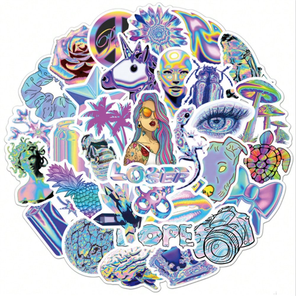 50PCS Art Illustration Popular Creative Cartoon Animation Colour Laser Small Fresh Series Decorative Style Graffiti Stickers Personality Fashion Creative Trend DIY Exquisite Decorative Decals Suitable for Cups, Helmets, Skateboards Popular Stickers Toys