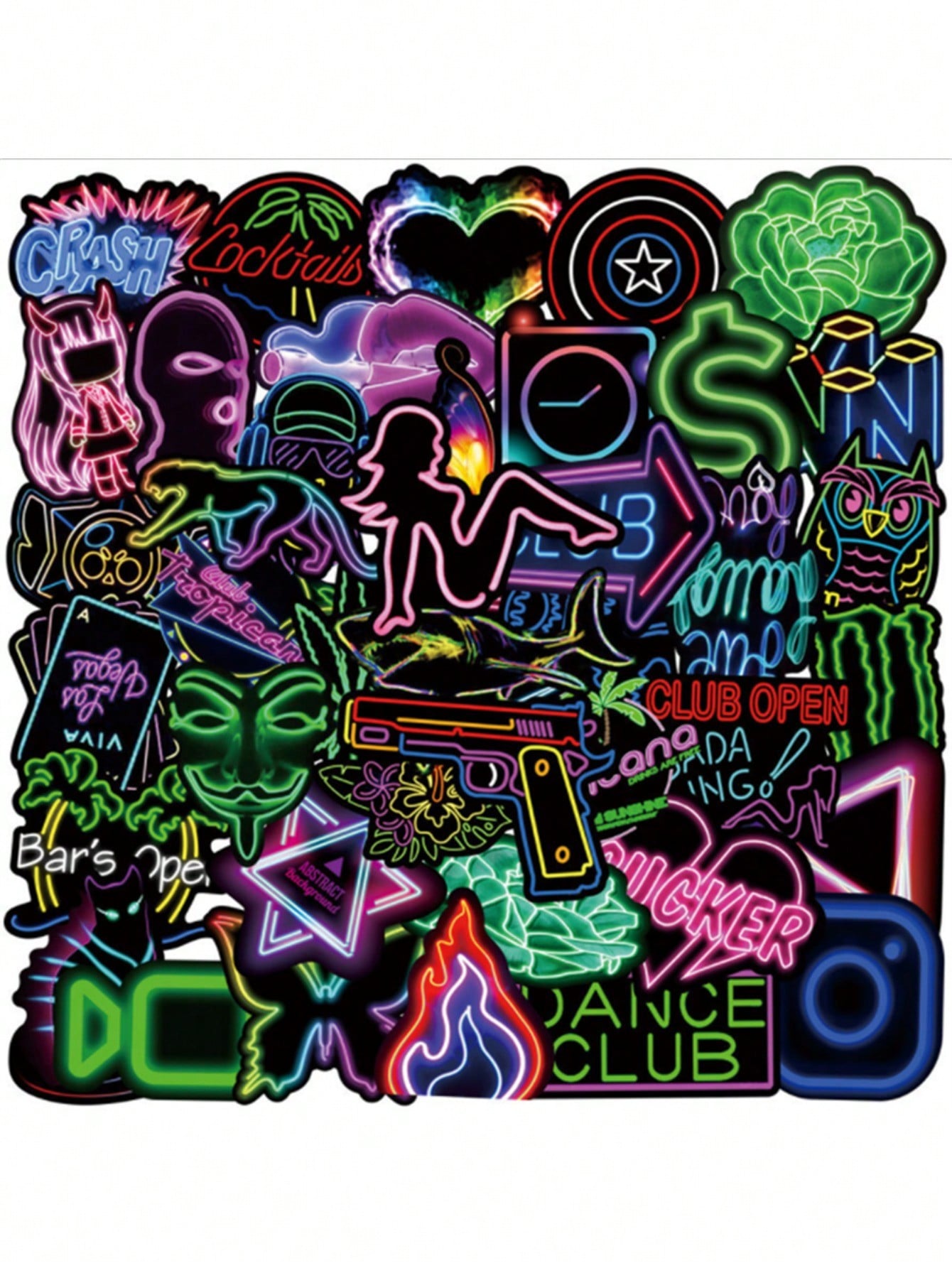 50 Artistic Illustration Cartoon Animation Neon Glow Character Style Graffiti Stickers, Creative Trendy Decorative Decals, Suitable for Cups, Helmets, Skateboards, Popular Stickers
