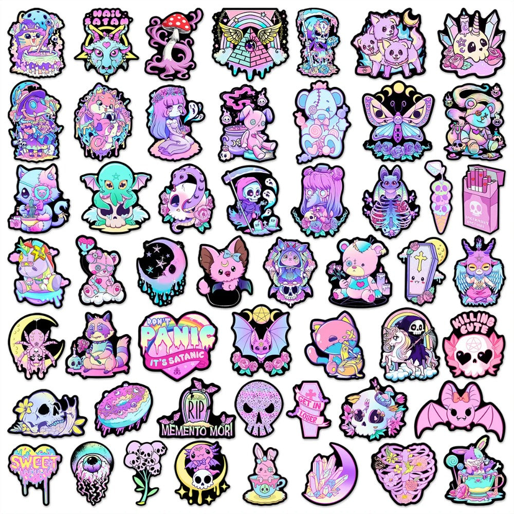 50PCS Pink Gothic Memento Mori Stickers - Sugar-Coated Mortality Decals for Existential Kawaii Journals, Death Denial Deconstruction & Pastel Mortality Maps