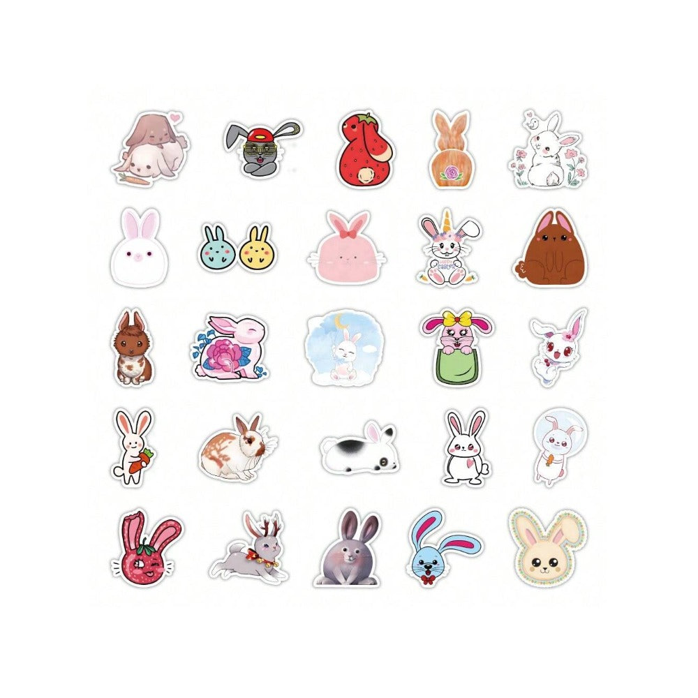 50-Piece Cartoon Adorable White Rabbit Doodle Stickers Exquisite, Fashionable and Creative DIY Journal Decorative Decals Suitable for Helmets, Guitars, Skateboards, Water Bottles and Stationery Boxes