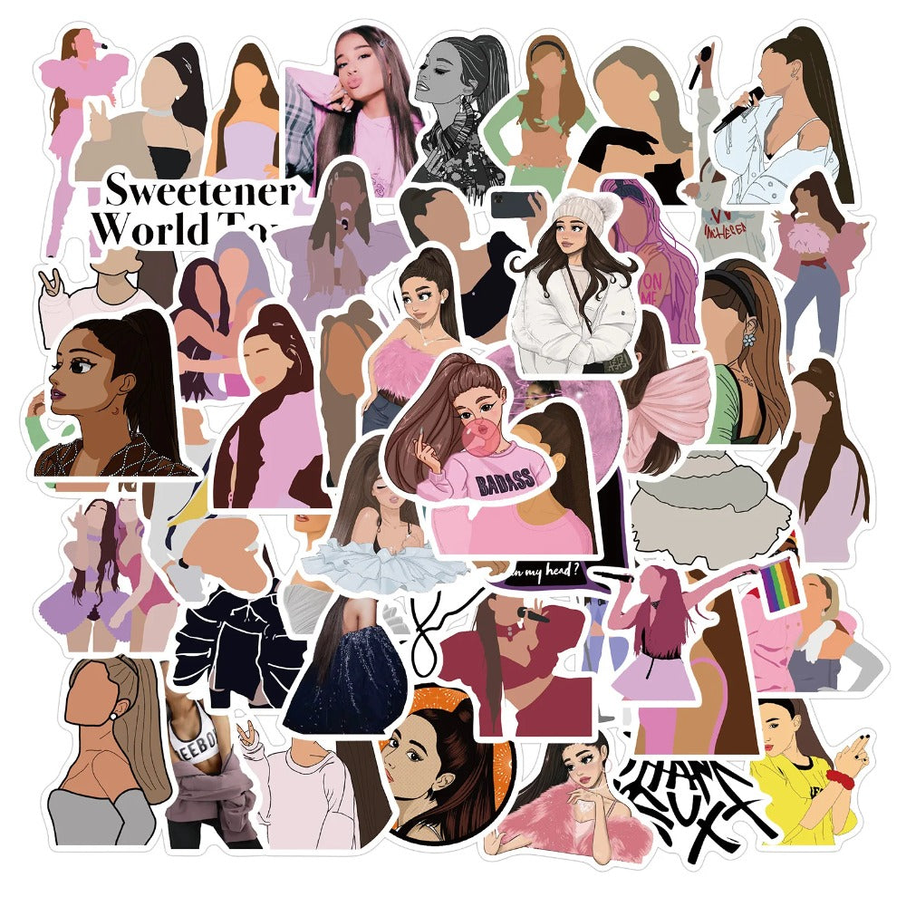 50PCS Ariana Grande Inspired Cute Girl Doodle Stickers Pack, Kawaii Cartoon Star Portrait Vinyl Decals for Fans