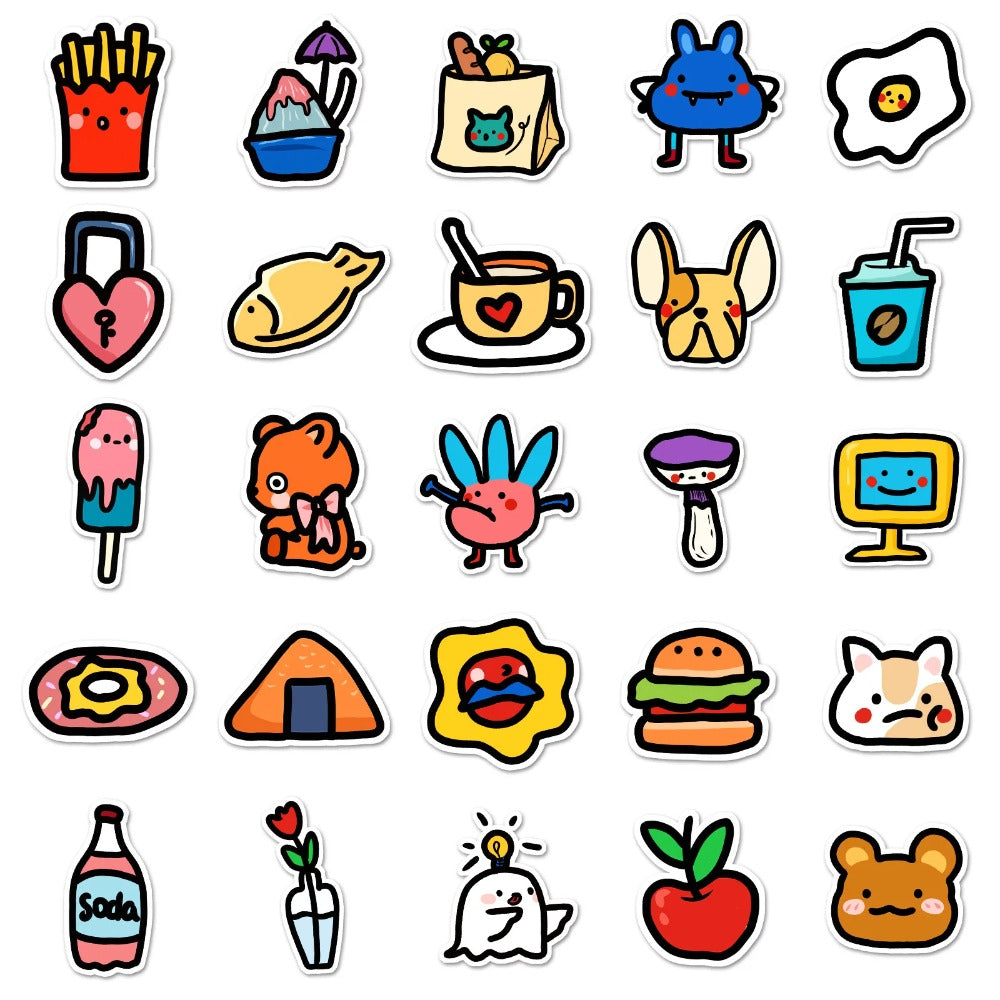 50PCS Whimsical Childhood Doodle Stickers, Fresh & Cute Cartoon Decals for Journals, Planners, and a Happy Vibe