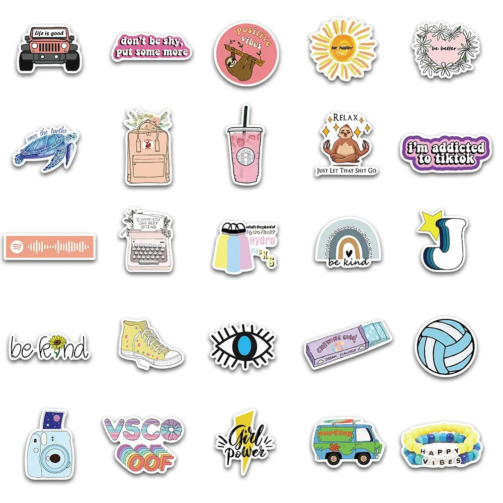 50PCS Trendy Girly Pink Fresh & Cute Doodle Stickers Perfect for Skateboards, Water Bottles, Helmets, Guitars, Exquisite Stationery Boxes, and Desktop Decor Decals