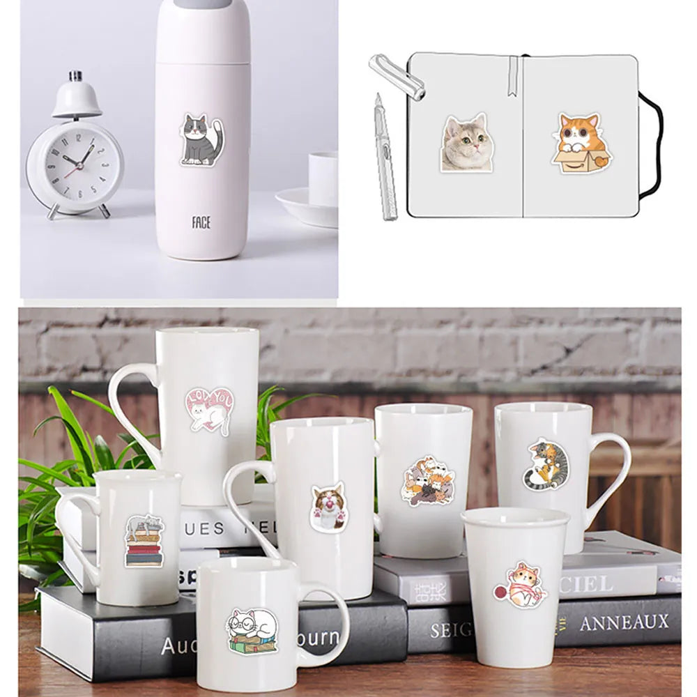 50 pieces of cartoon cute pet cat decorative style graffiti stickers, personalized, fashionable and creative DIY exquisite decorative decal cups, helmets, skateboard popular sticker toys