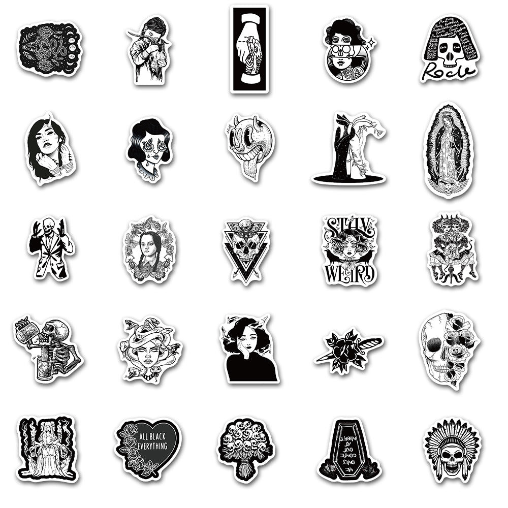50PCS Gothic Punk Stickers, Black White Horror Doodle Decals for Laptops, Skateboards, and Alt Culture