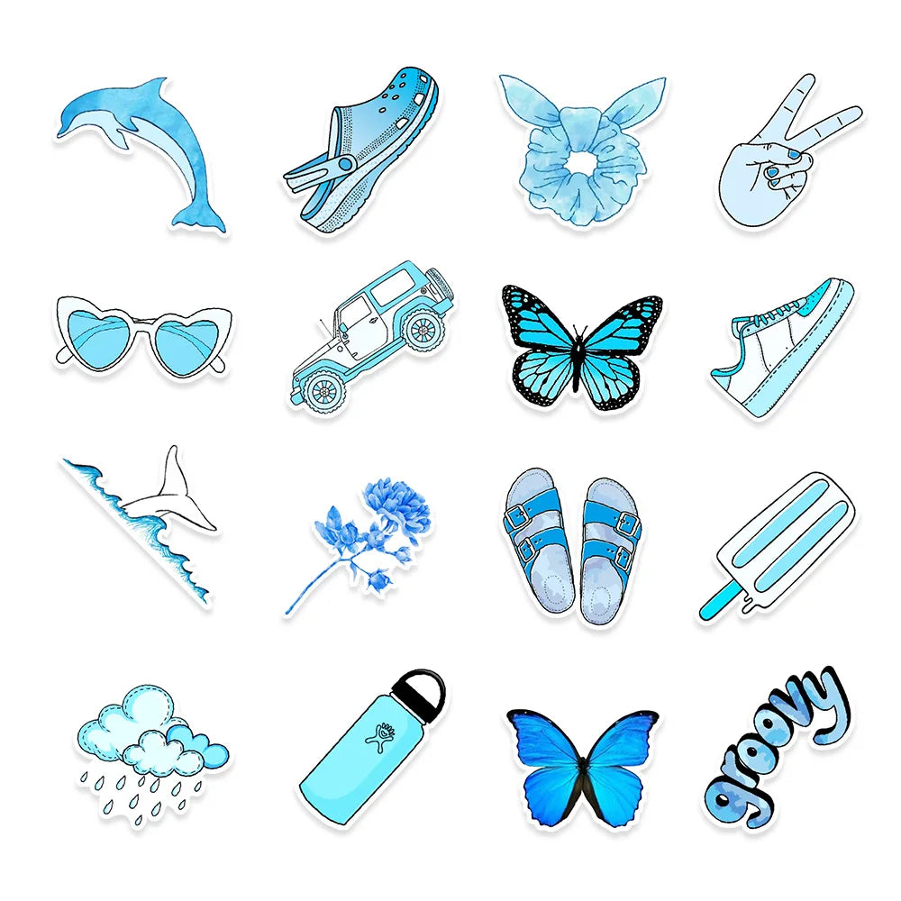 50PCS New Blue Small Fresh Graffiti Stickers Car Trunk Mobile Phone Water Cup Waterproof Stickers