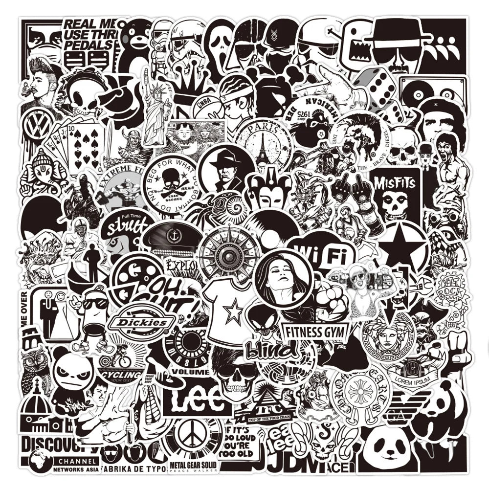 50PCS Black and White European and American Style Gothic Graffiti Sticker WaterproofTrolleyCaseNotebookSkateboard