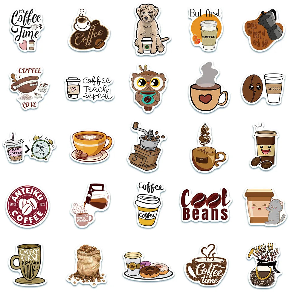 50PCS cartoon animation animal coffee art decorative style graffiti stickers, personalized fashion and creative trend DIY exquisite decorative decal cups, helmets, skateboard popular sticker toys