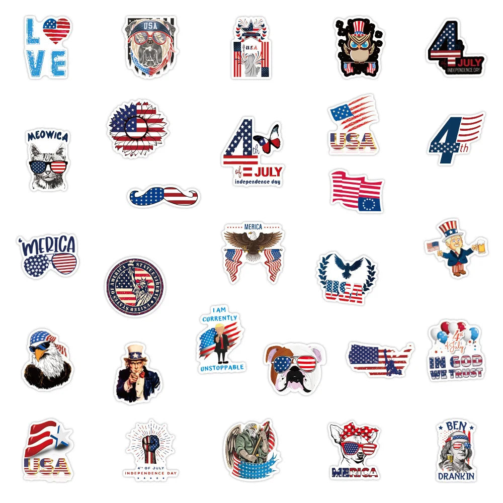50PCS American Independence Day Graffiti Sticker Waterproof Luggage Laptop Scooter Water Cup Sticker