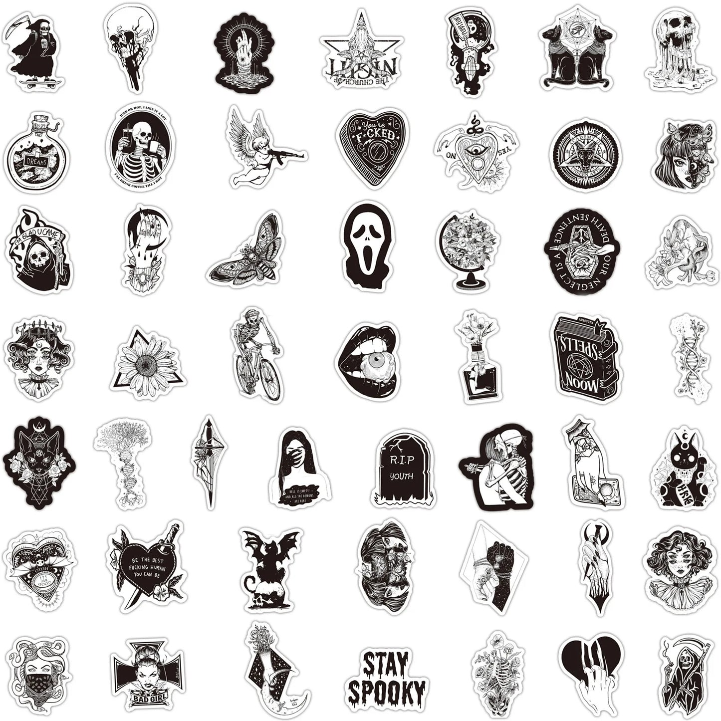 50PCS New Black and White Gothic Cool Skeleton Graffiti Waterproof Sticker Suitcase Notebook RefrigeratorWaterCup