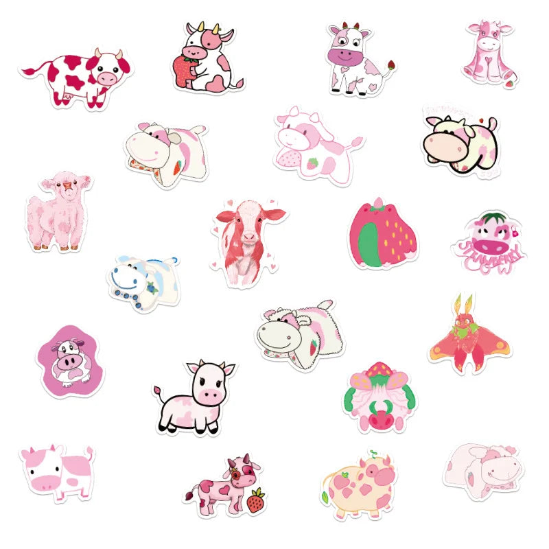 50PCS Cute Strawberry Milk Cow Graffiti Sticker Mobile Phone Suitcase Guitar Refrigerator Computer Sticker