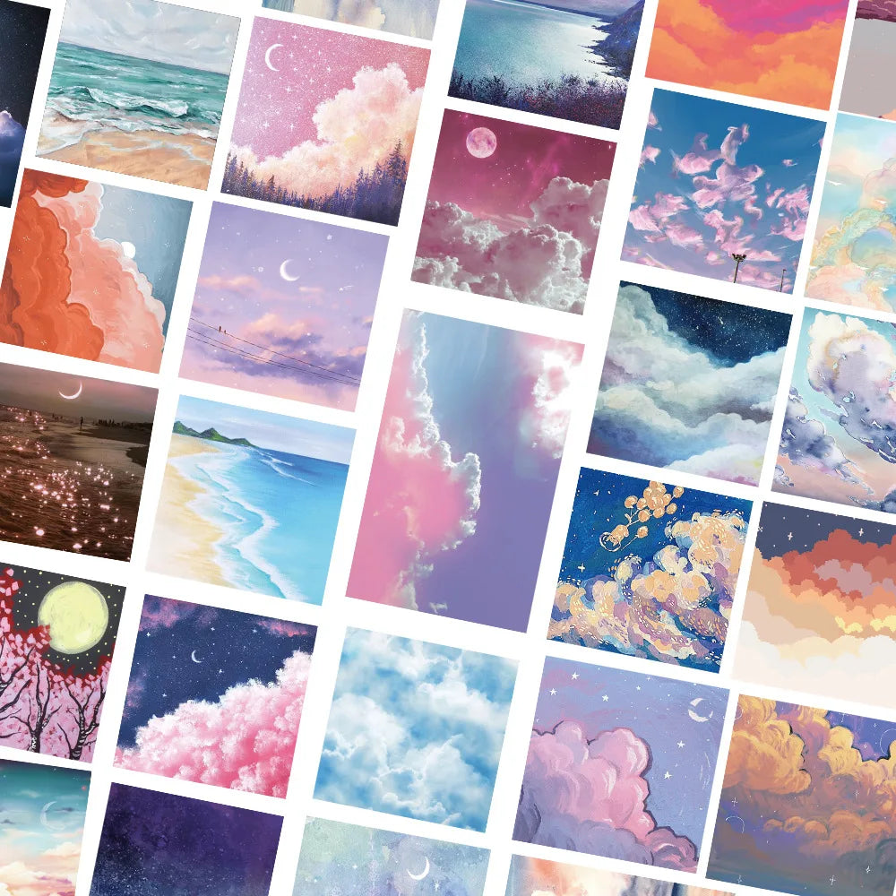 50PCS landscape oil painting cartoon fresh series decorative style graffiti stickers, personalized, fashionable and creative DIY exquisite decorative decal cups, helmets, skateboard popular sticker toys