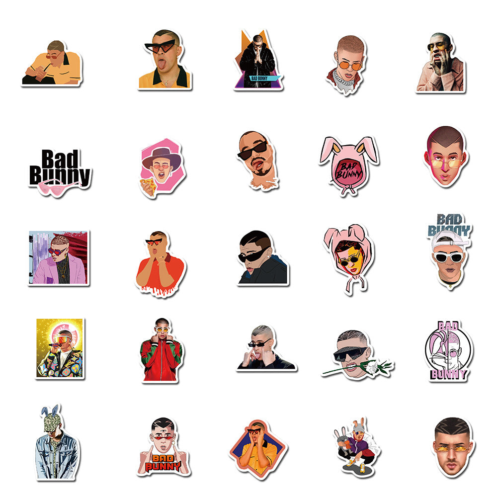 50PCS Bad Bunny Puerto Rico Inspired Stickers - Latin Trap & Reggaetón Icon Doodle Decals for Music Festival Logs, Concert Memory Journals, Latinx Pride Projects & Urbano Culture Art Collages