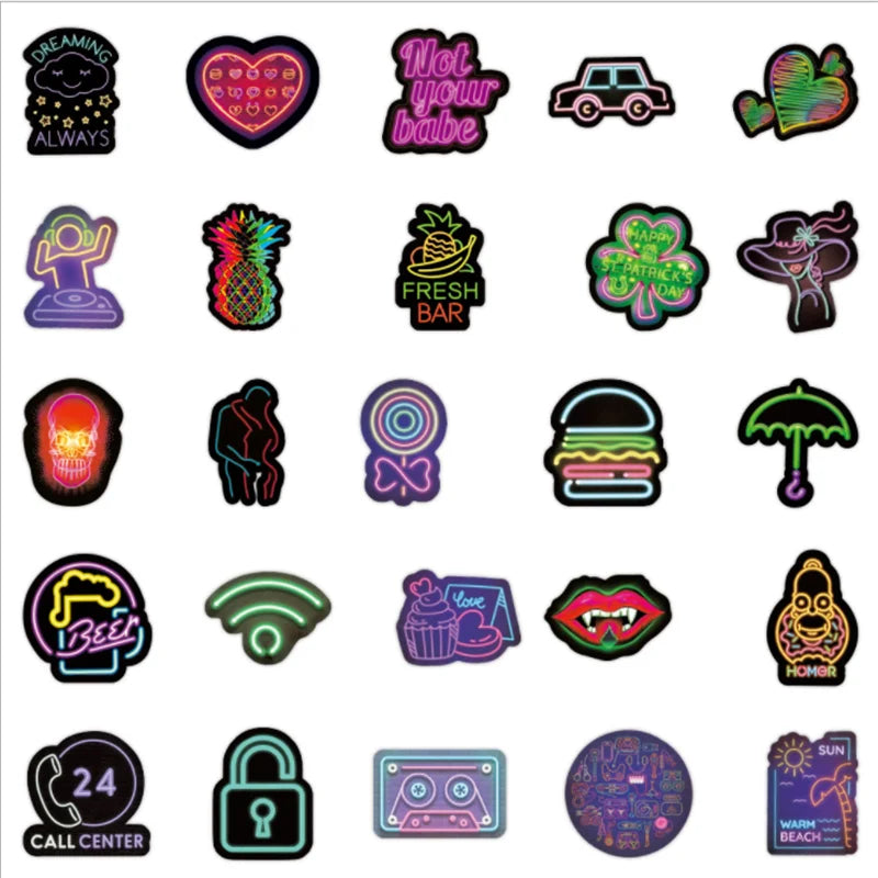 50PCS Neon Graffiti Stickers Cartoon Creative Motorcycle Computer Skateboard Luggage Decoration Toys