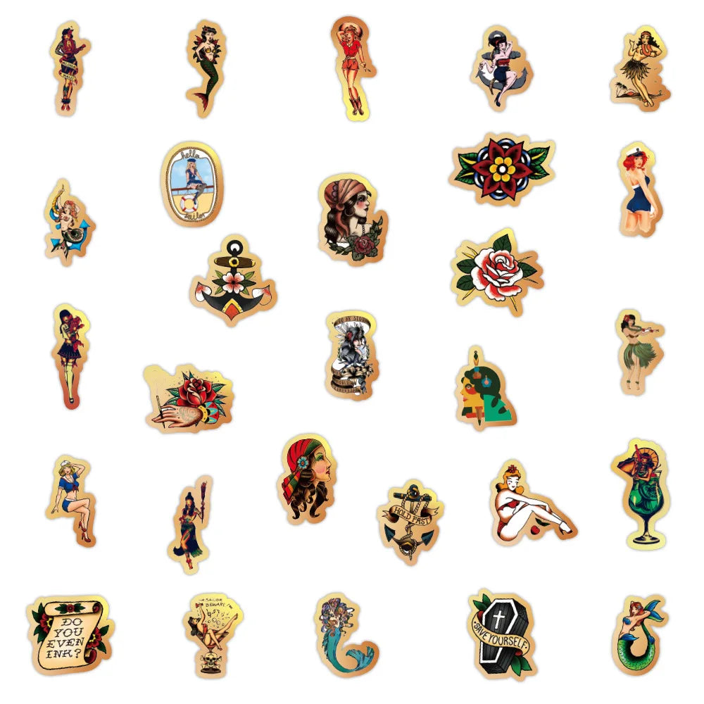 50pcs Retro Beauty Sailor Jerry Graffiti Sticker Waterproof Sticker