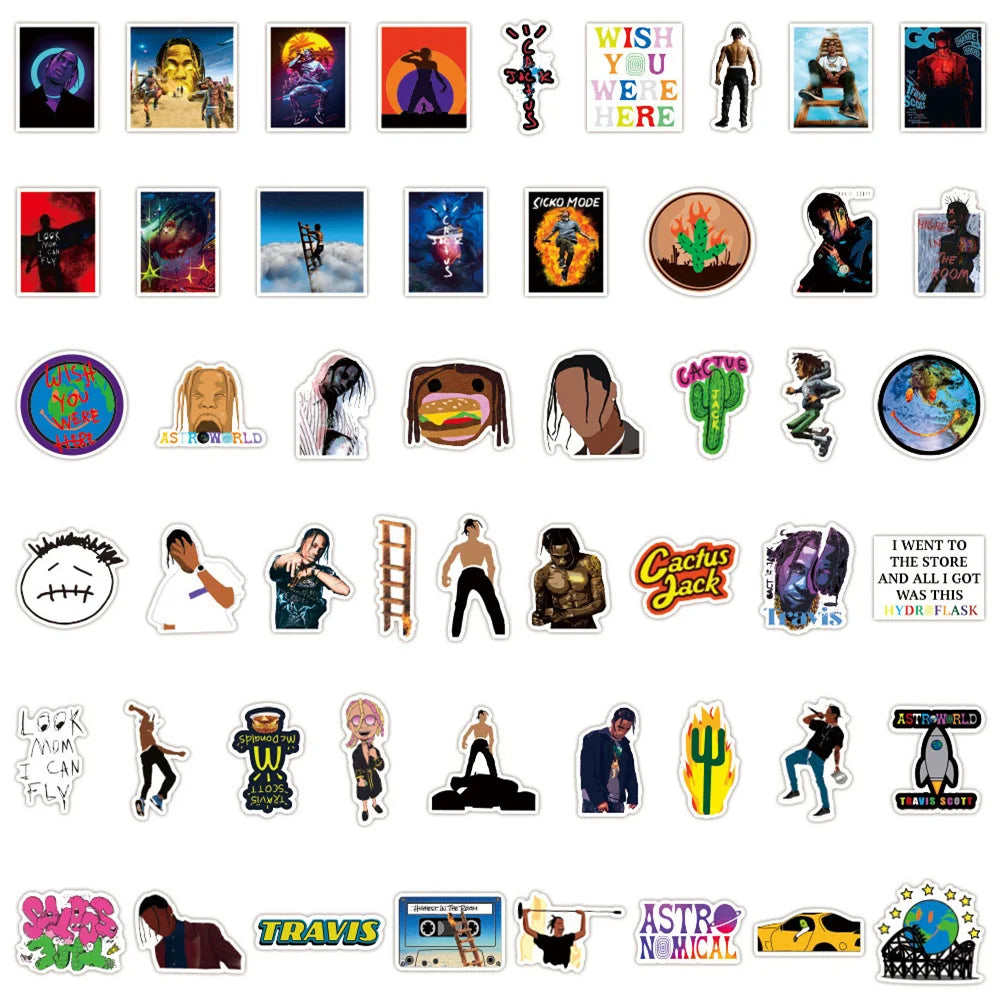 50PCS Travis Scott Graffiti Sticker Waterproof Luggage Compartment Notebook Helmet Scooter Refrigerator Water Cup