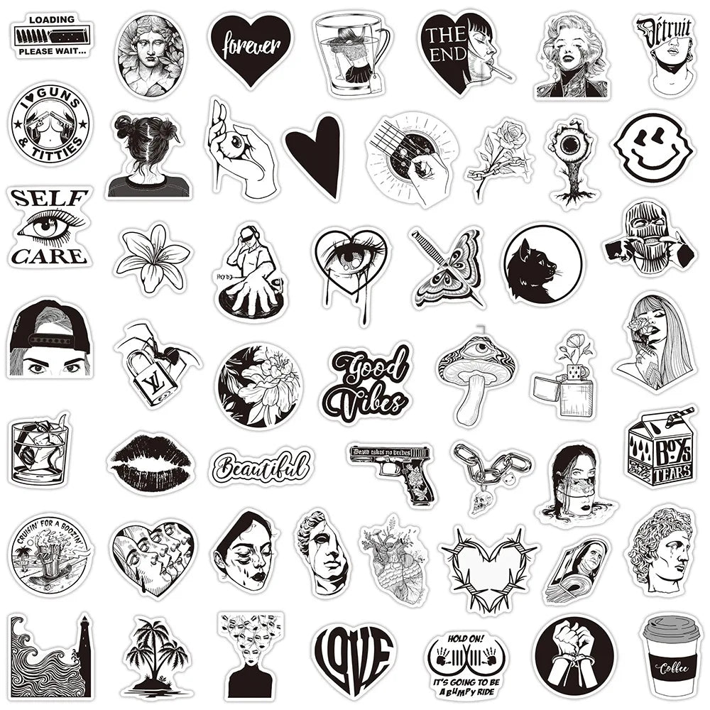 50PCS Black and White Personalized Art Plaster Head Mixed with Graffiti Sticker TV Water Cup Trolley Case Guitar