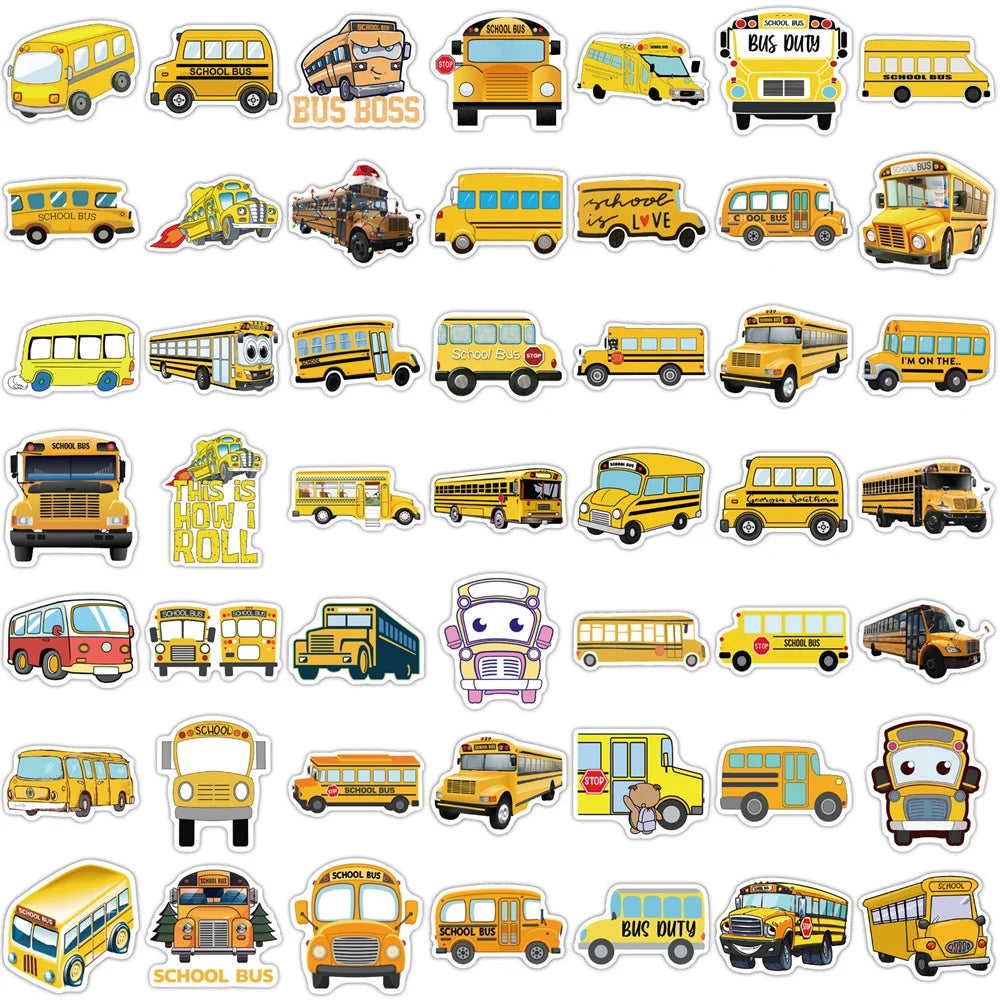50PCS Cute Cartoon School Bus Graffiti Waterproof Sticker Suitcase Notebook Mobile Phone Children'sWaterCupHelmet