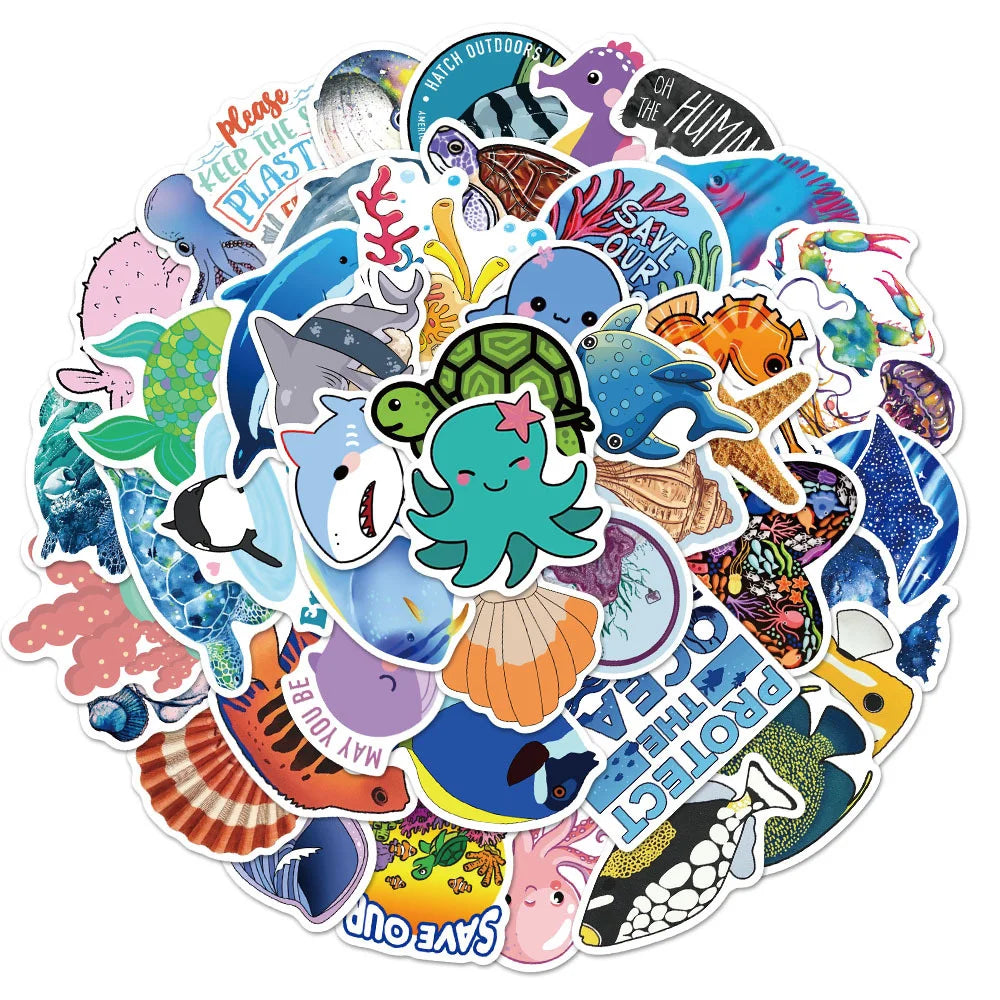 50PCS Marine Life Octopus Dolphin Whale Graffiti Stickers Personalized Luggage Refrigerator Water Cup Stickers