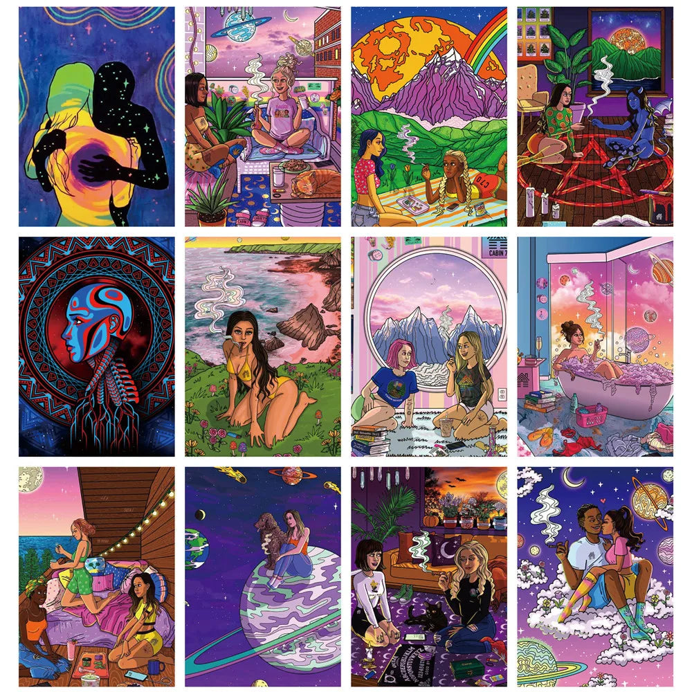 50 pieces of cartoon animation art oil painting cards, character decorative style graffiti stickers, personalized, fashionable, creative and trendy DIY exquisite decorative decal cups, helmets, skateboard popular sticker toys