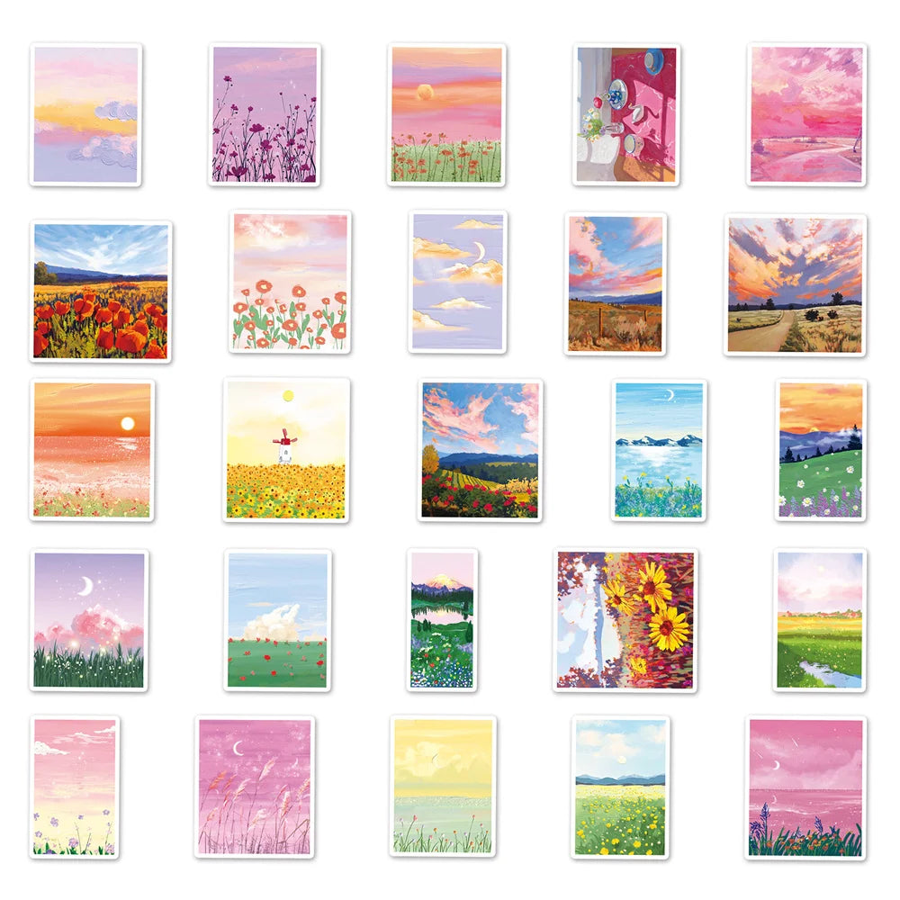 50PCS Cartoon Landscape Oil Painting Aesthetics Creative Graffiti Scrapbook Guitar Phone Case Gift Toy Sticker
