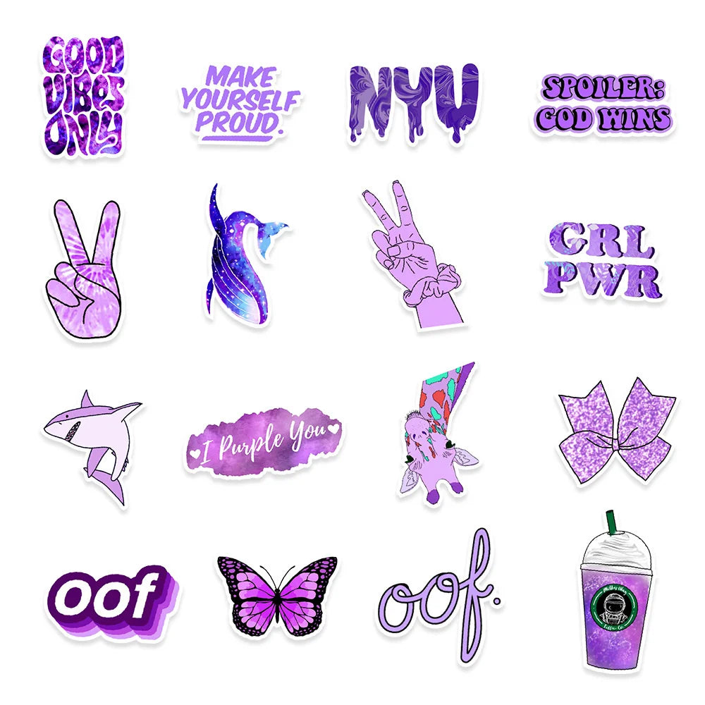 50PCS Simple New INS Style Purple Small Fresh Graffiti Stickers Creative Trend Personalized Decorative Stickers Luggage Guitar Refrigerator Computer Fashion Cute Decals