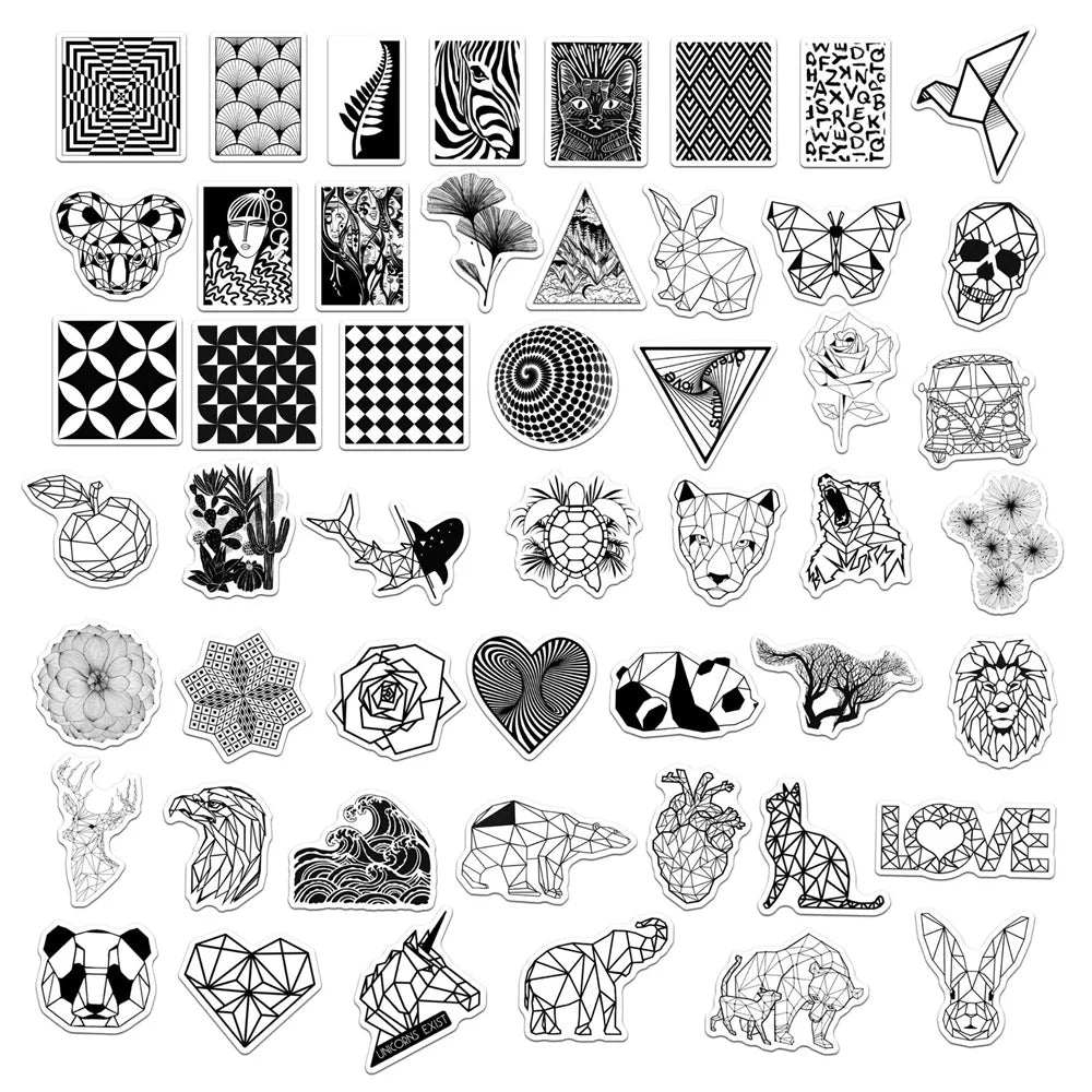 50PCS Black and White Fashion Geometric Animal Graffiti Waterproof Sticker Suitcase Notebook RefrigeratorWaterCup