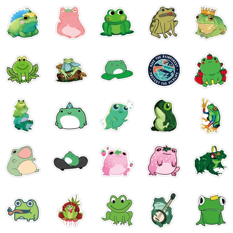 50PCS Green Series Frog Cartoon Graffiti Toy Car Helmet Refrigerator Motorcycle Phone Trunk Guitar Sticker Decoration Gif