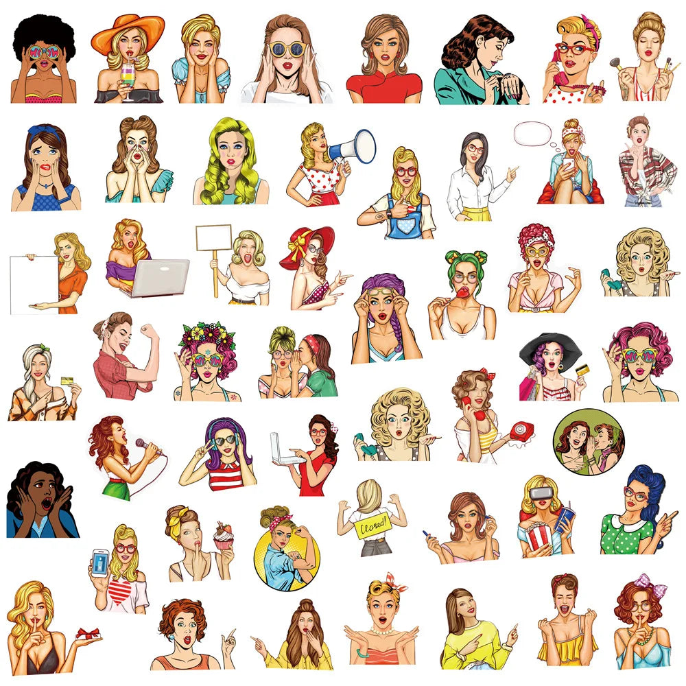 50PCS Pop Fashion Girl PVC Graffiti Sticker European and American Personality Luggage Car Trolley Guitar Sticker