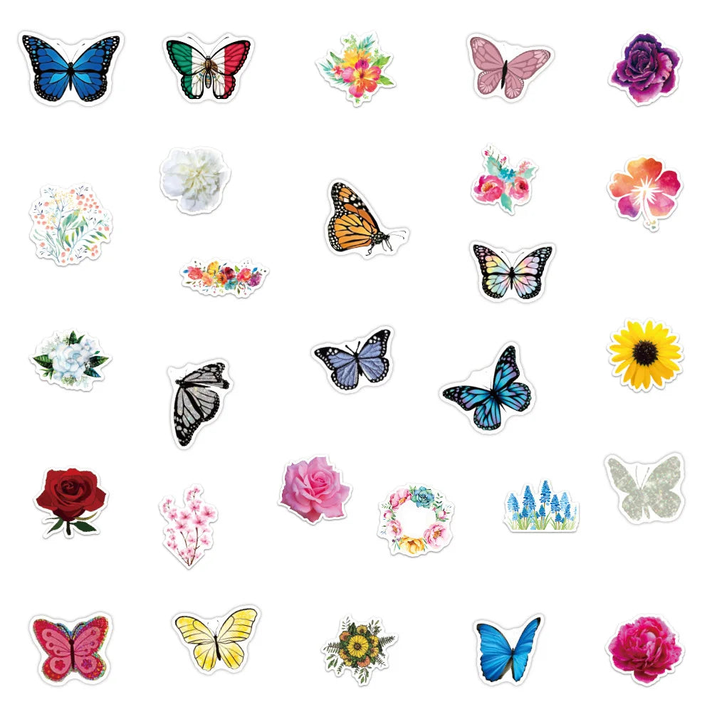 50PCS Color Butterfly Flower Graffiti Stickers Notebook Skateboard Luggage Waterproof Refrigerator Stickers