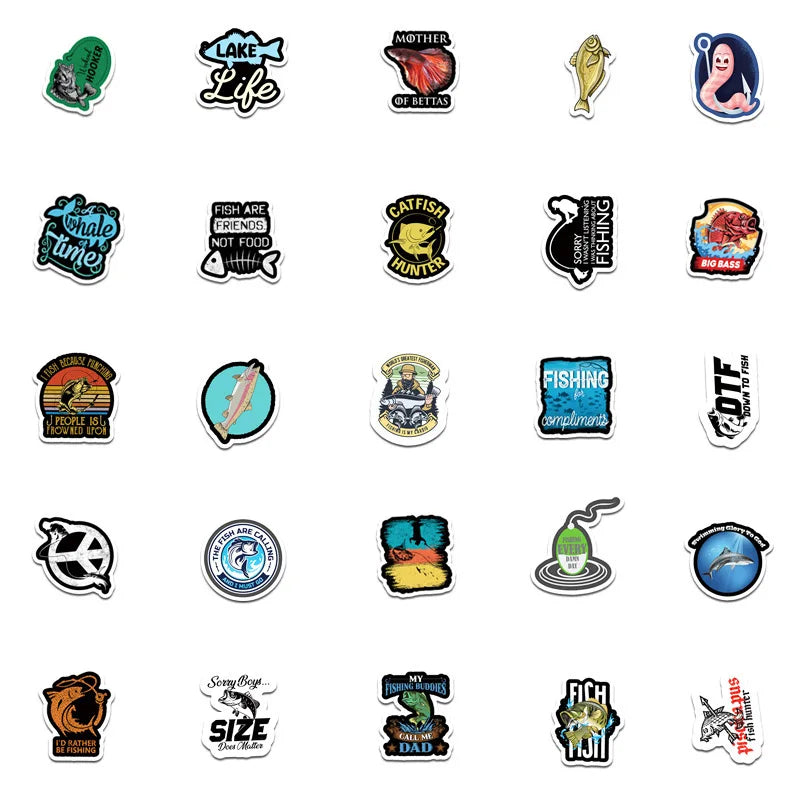50PCS Cartoon Fishing Series Sticker Trolley Case Bike Scooter Water Cup Waterproof Sticker