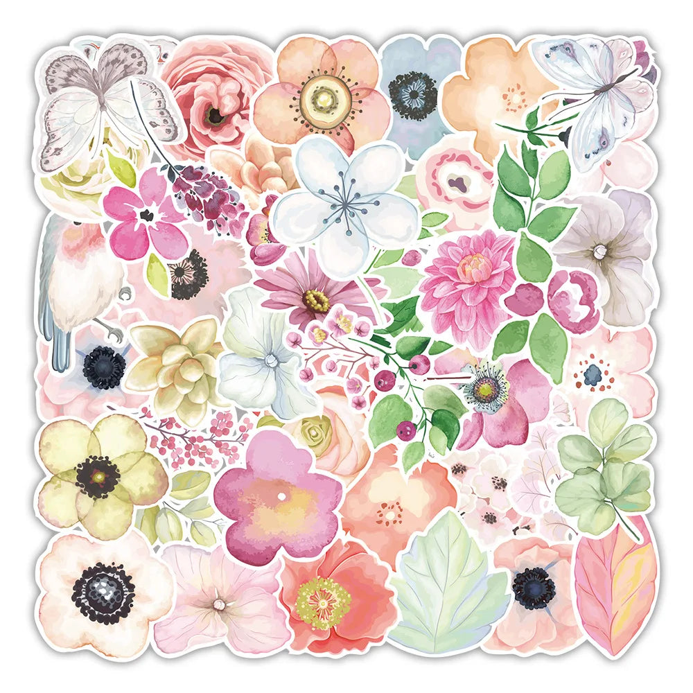 50PCS of plant and flower series decorative style graffiti stickers, personalized, fashionable and creative DIY exquisite decorative decal cups, helmets, skateboard popular sticker toys