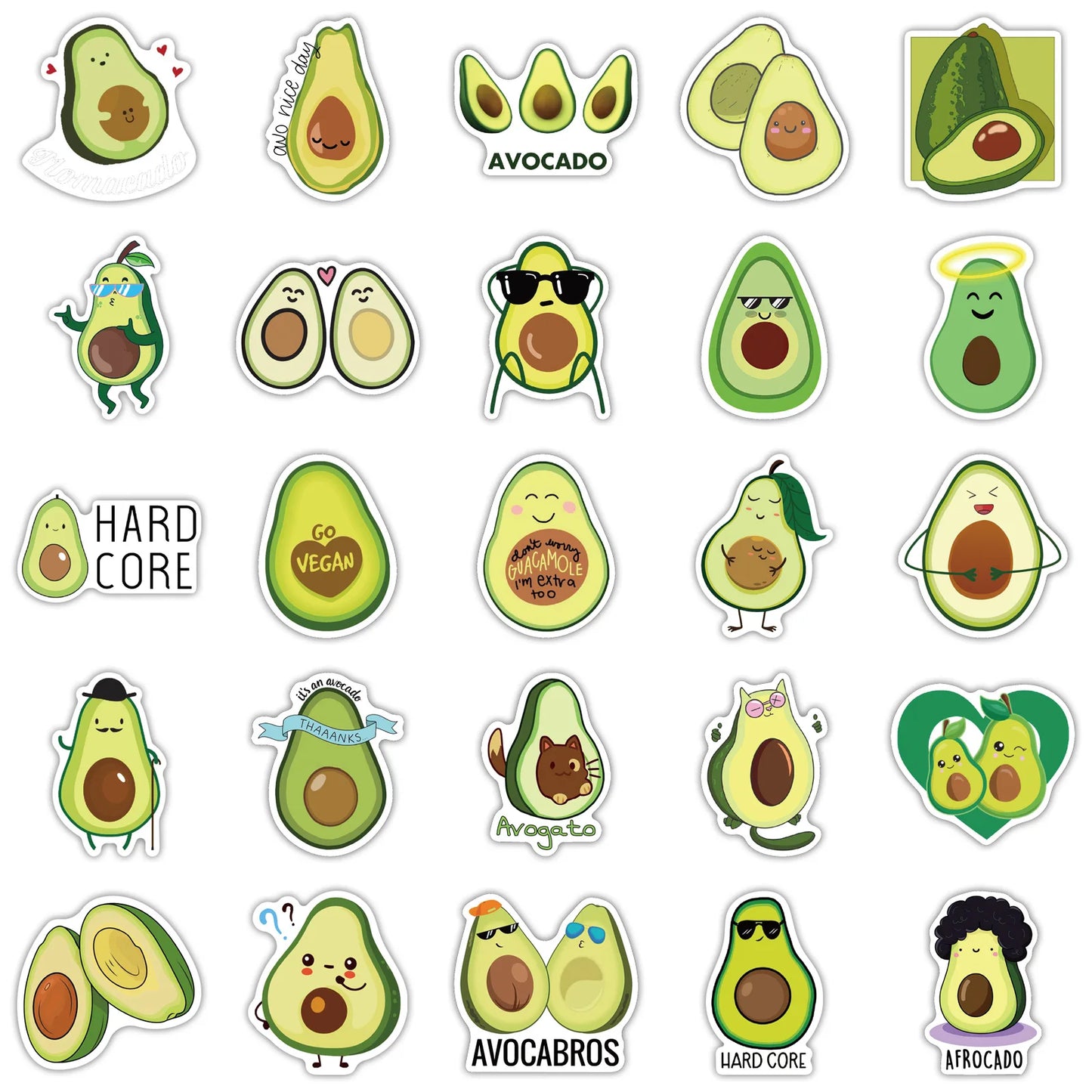 50 pieces of creative and fresh cartoon avocado graffiti stickers, suitable for DIY handbag, notebook, phone case decoration sticker toys