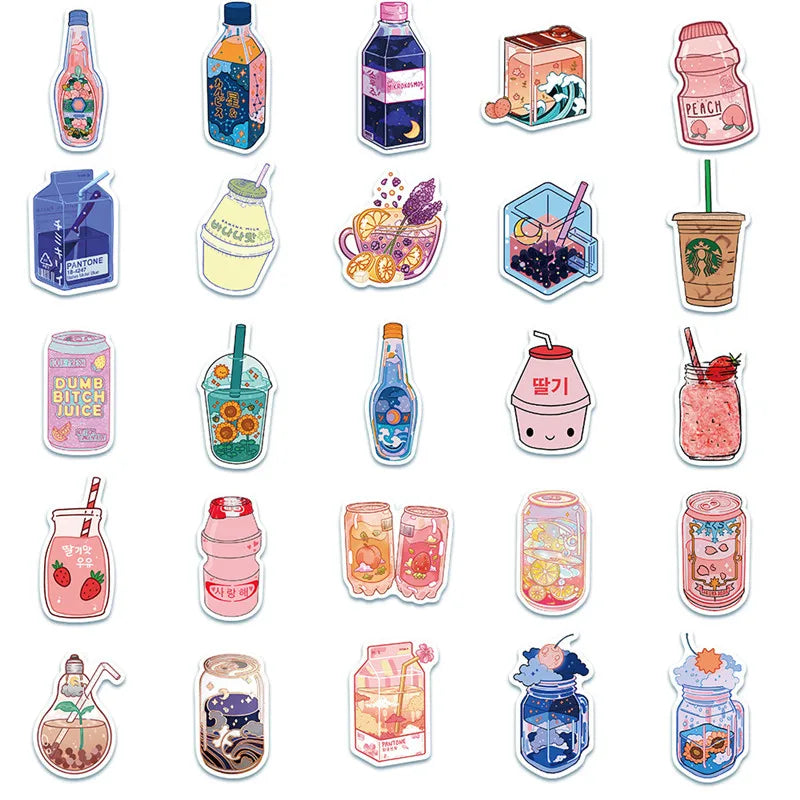 50PCS Cute Sweet DIY Food and Beverage Bottle Cartoon Girl Toy Manual Notebook Mobile Phone Case Decoration Stickers