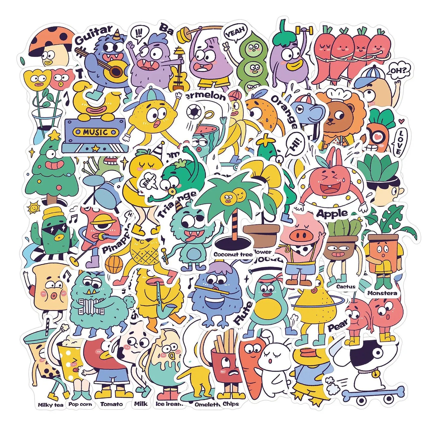50PCS of cute cartoon monster decorative style graffiti stickers, personalized, fashionable and creative DIY exquisite decorative decal cups, helmets, skateboard popular sticker toys
