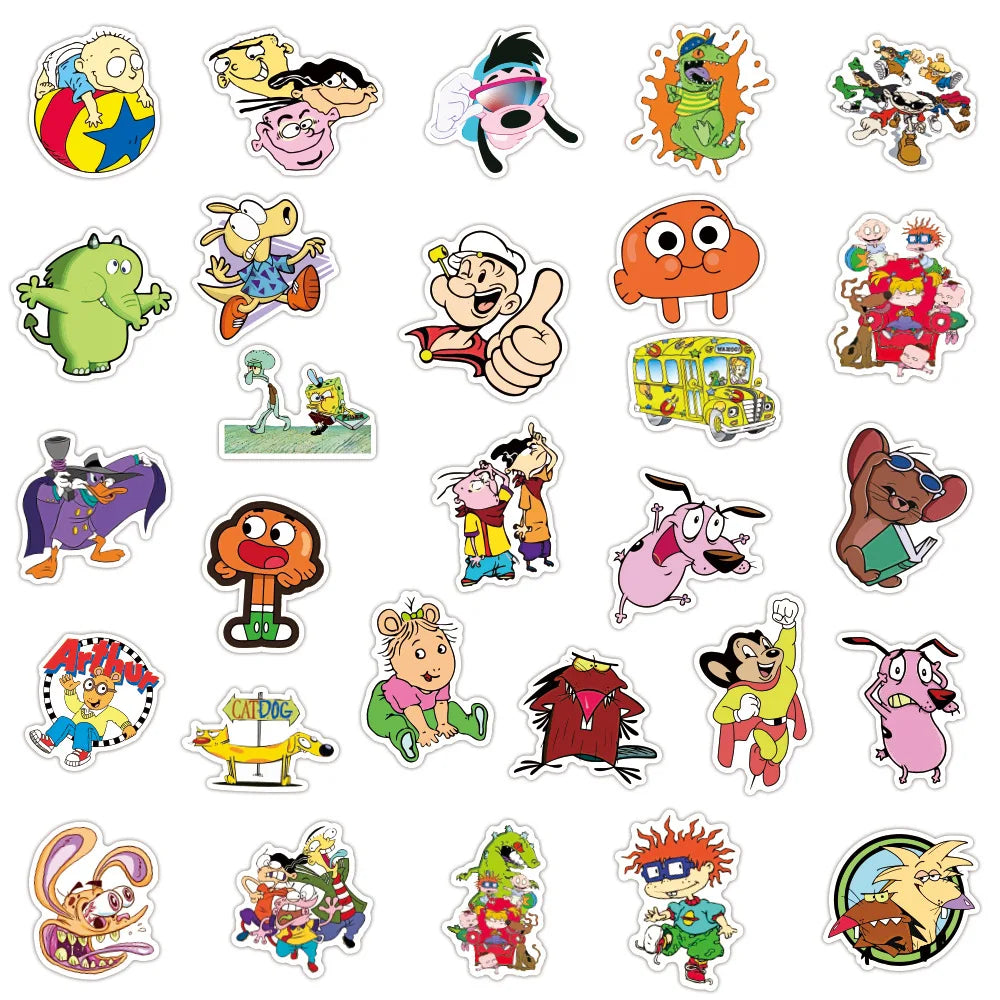 50pcs Classic 90s Cartoon Doodle Waterproof Skateboard Travel Suitcar Phone Laptop Luggage Cute Sticker