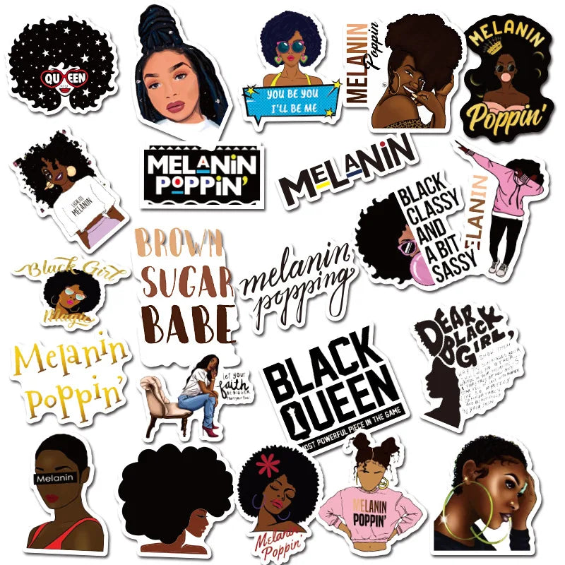 50PCS Inspirational Black Girl Melanin Poppin Sticker Graffiti Luggage Trolley Notebook Cup Interior Decoration Sticker