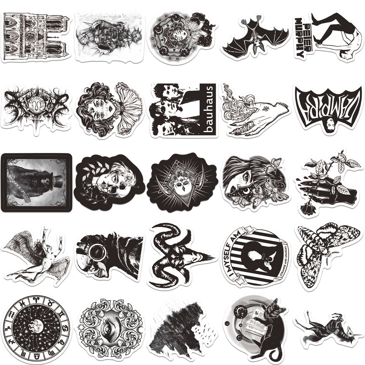 50PCS Black and White Punk Style Gothic Graffiti Trolley Scooter Refrigerator Water Cup Waterproof Sticker