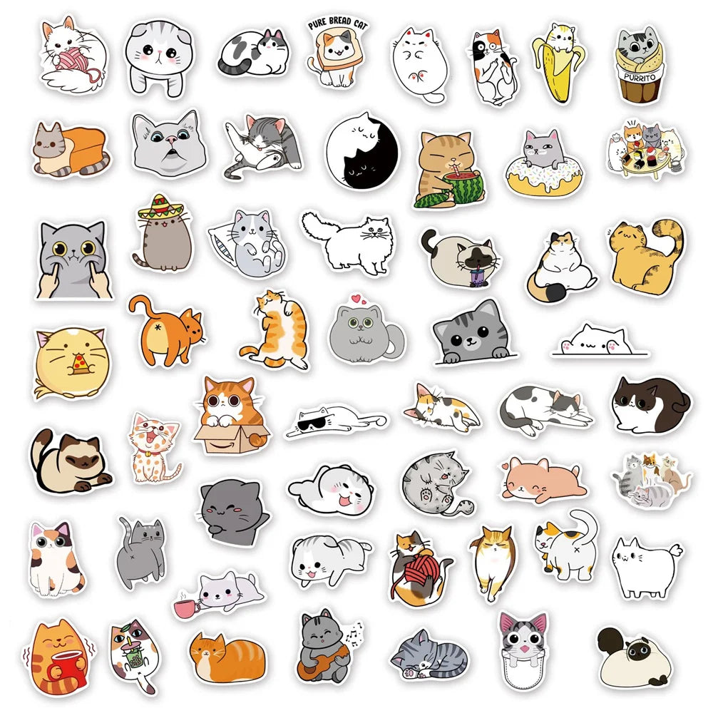 50-Piece Cartoon Cute Cat Collection Doodle Stickers Perfect for Suitcases, Laptops, Journals, Skateboards, Water Bottles, Stationery Boxes, and Desktop Decor