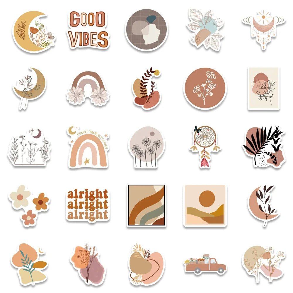 50PCS Boho Style Aesthetic Graffiti Stickers for Luggage Laptop IPad Skateboard DIY Gift Journal Water Cup Guitar