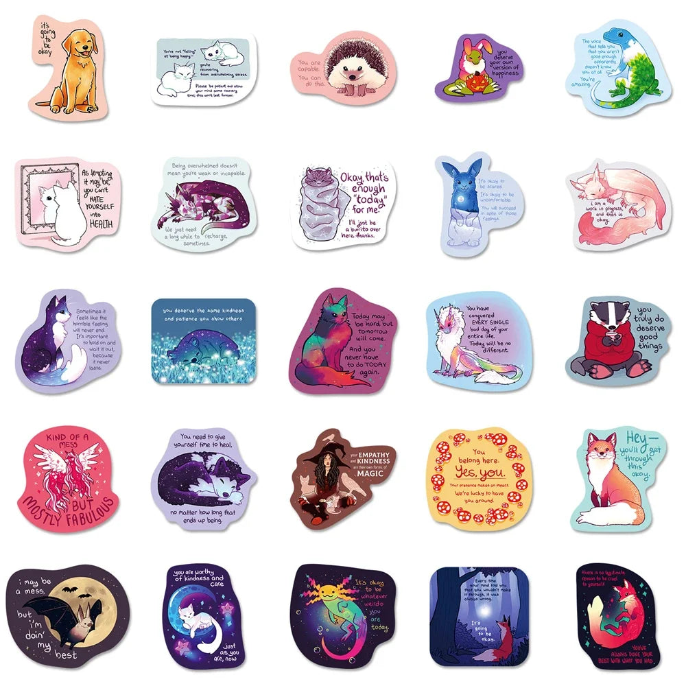 50PCS Cartoon Literary Healing Text Animal Creative Graffiti Sticker Bicycle Scooter DIY Laptop Guitar Computer