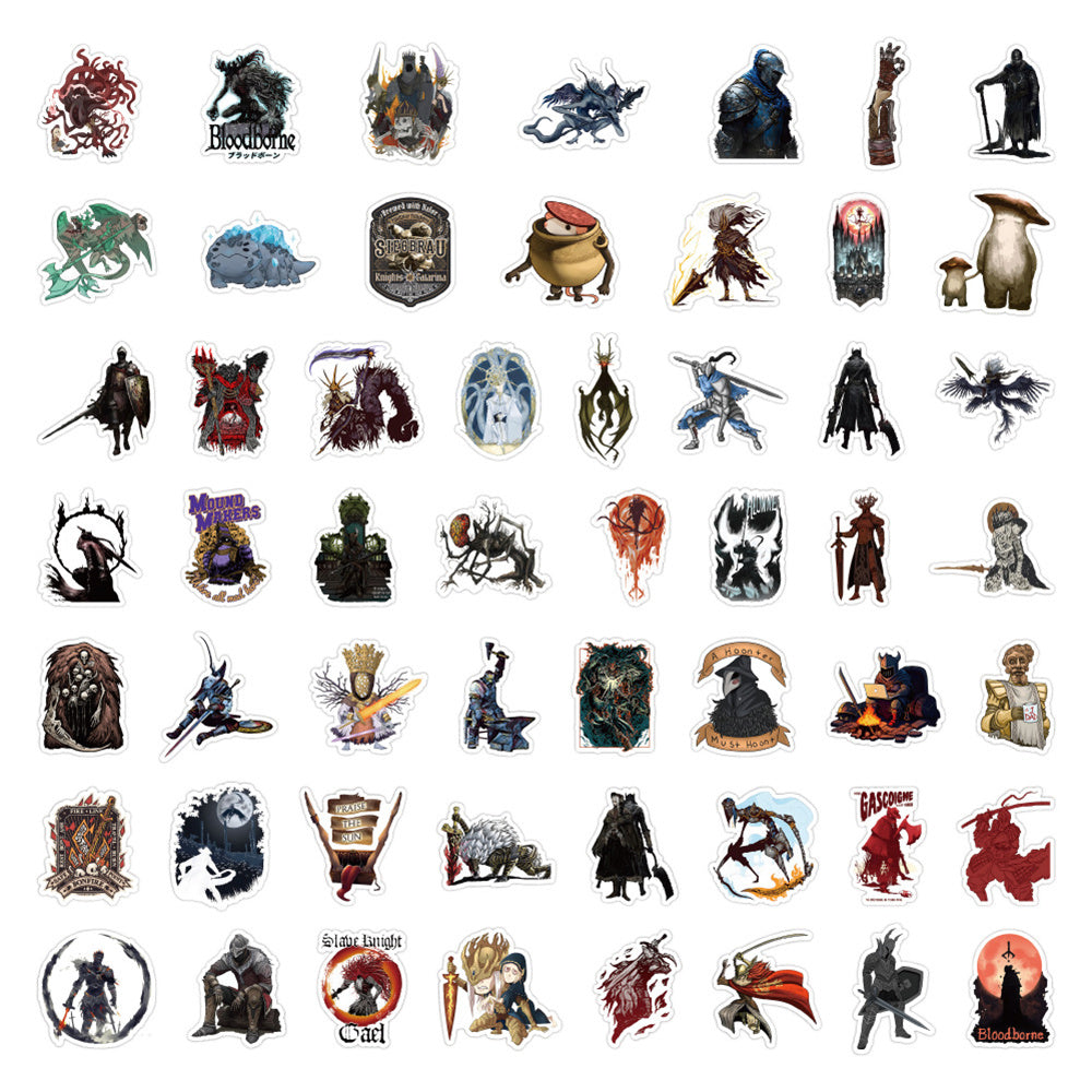 50PCS Dark Souls Inspired Cartoon Stickers - Gothic Fantasy & Boss Battle Doodle Decals for Gaming Journals, Difficulty Aesthetics, Death Count Trackers & Soulsborne Fan Art Projects