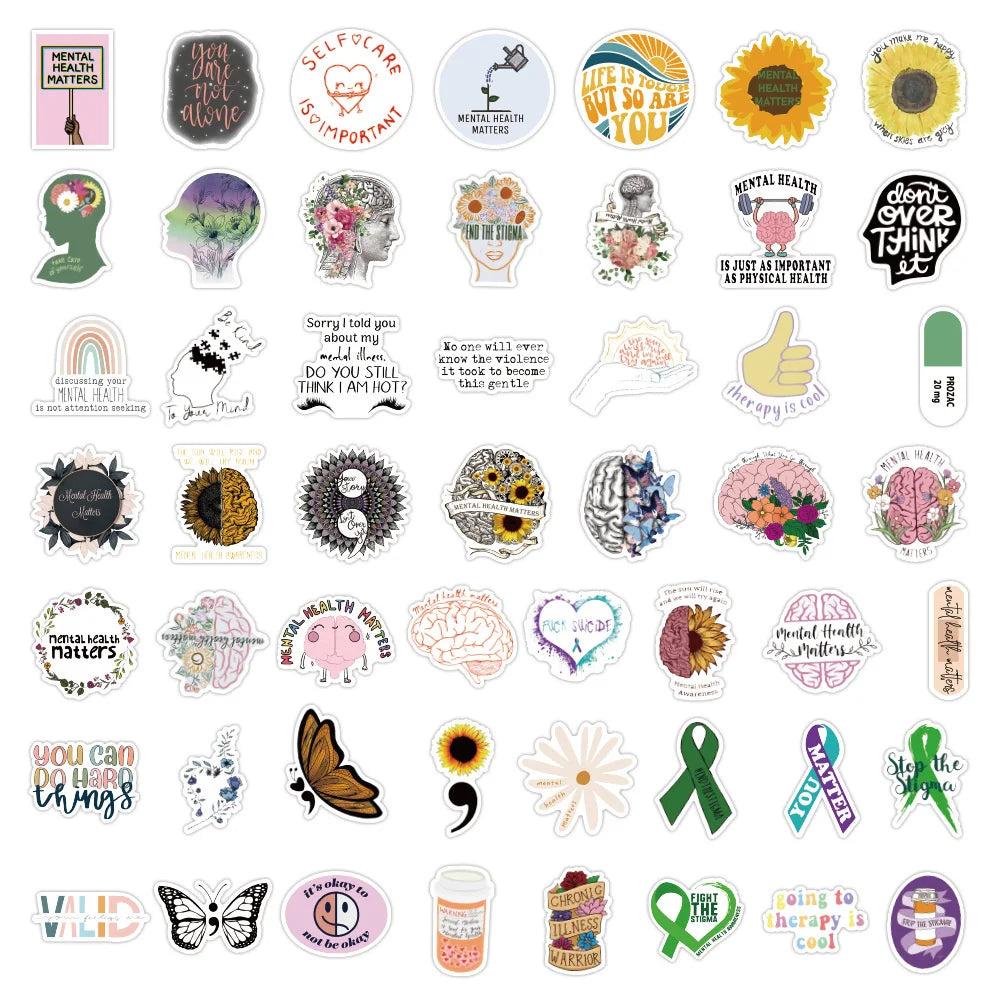 100PCS Mental Health Small Fresh Graffiti Stickers Personalized Fashion Creative DIY Trend Exquisite Decorative Stickers Water Cups Guitar Helmets Skateboards Popular Decals Toys