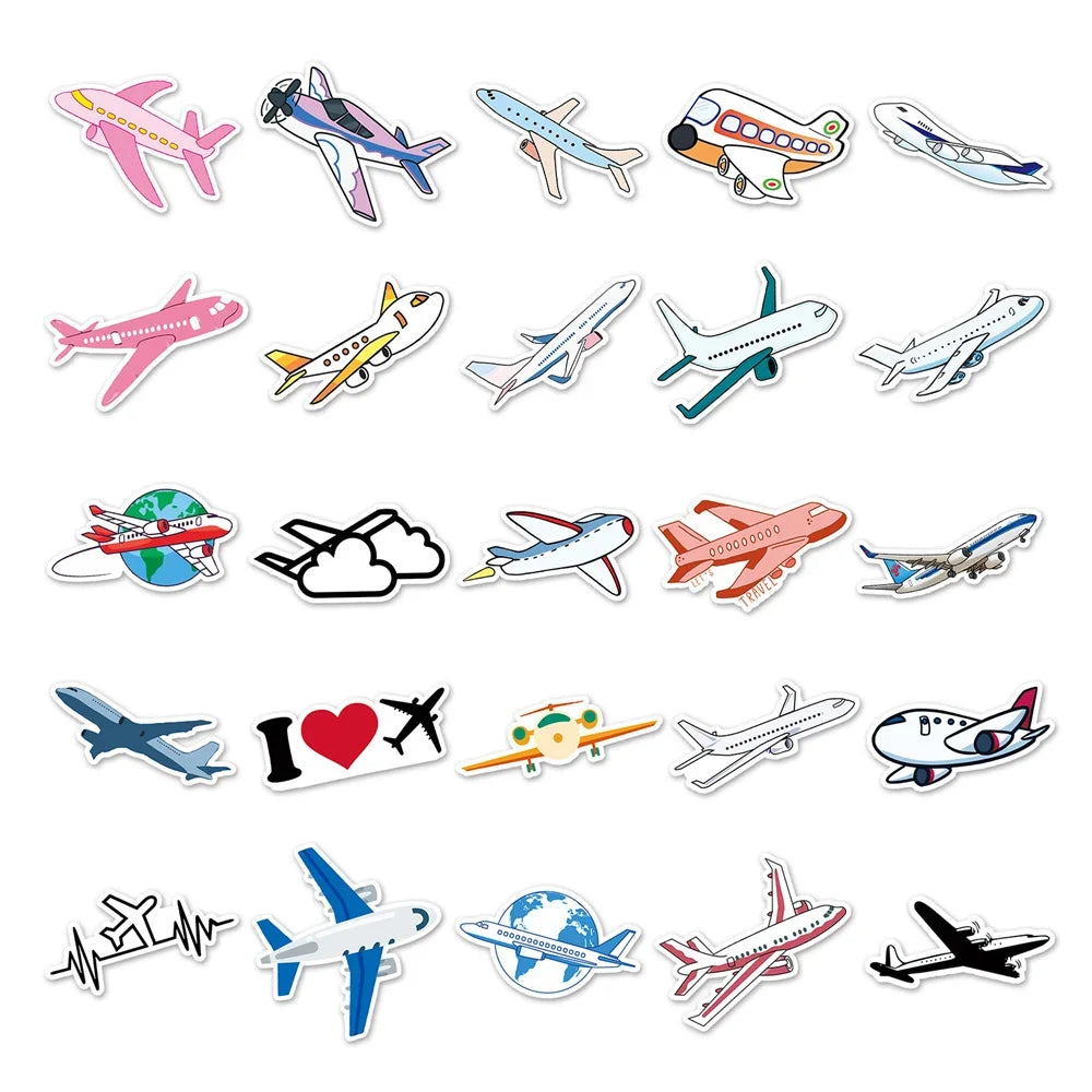 50PCS Cartoon Airplane Cute Sticker for Toys Luggage Laptop IPad DIY Guitar Skateboard Refrigerator Waterproof