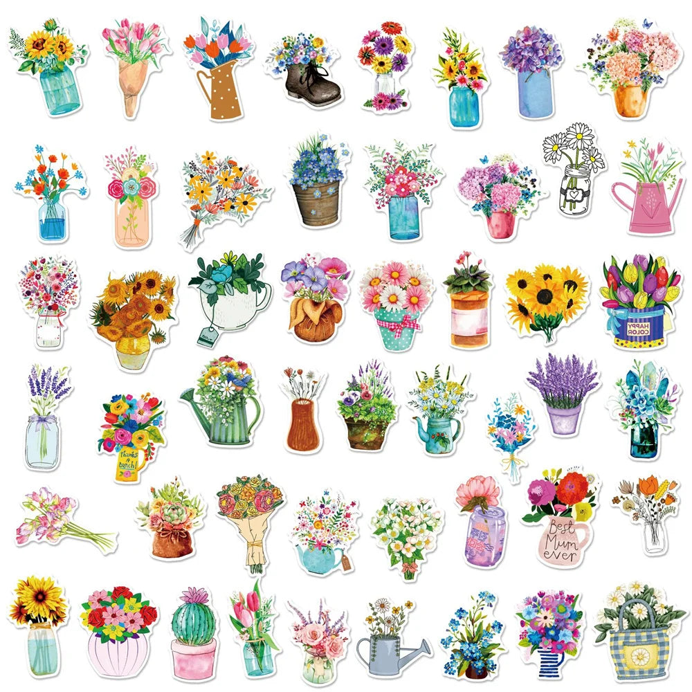 50PCS Literary Fresh Plants Flowers Graffiti Waterproof Stickers Cartoon Creative Decorative Decals Refrigerator