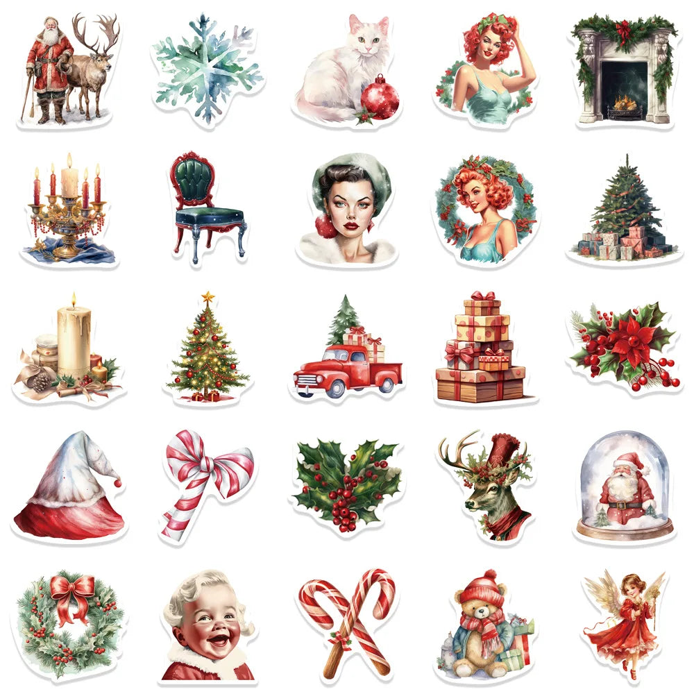 50PCS Retro Christmas Doodle Stickers - Vintage Holiday Vinyl Decals for Gift Wrapping, Scrapbooking & Festive DIY Crafts