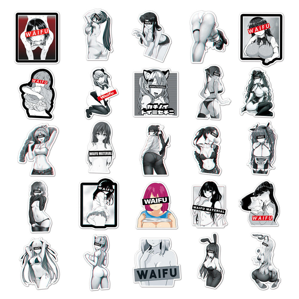 50PCS Cartoon Black & White Waifu Girl Doodle Stickers for Phone Cases, Skateboards, DIY, Waterproof Luggage, Reward Decals, Toys